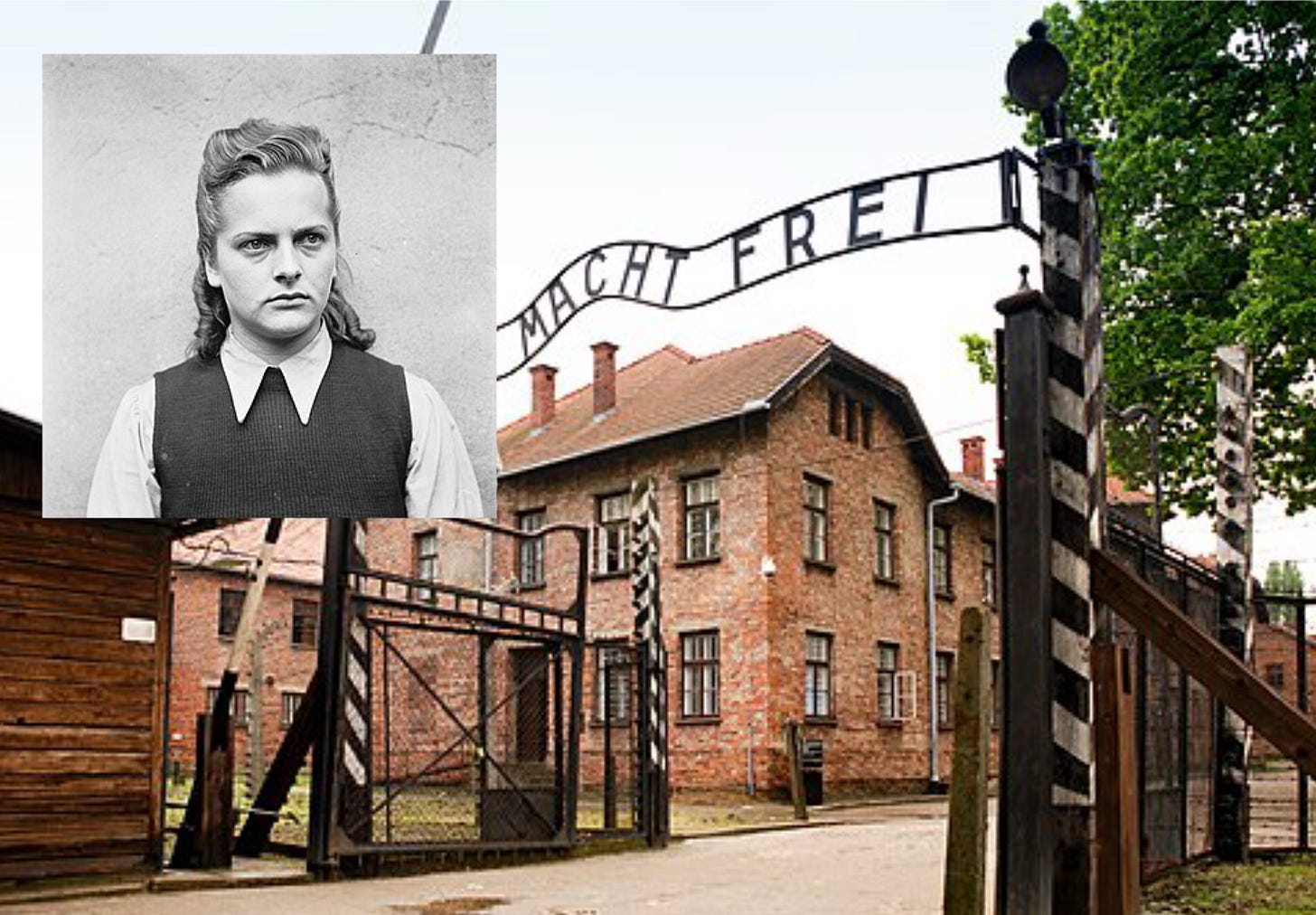 A portrait of Irma Grese sits on top of a photo of Auschwitz A portrait of Irma Grese sits on top of a photo of Auschwitz