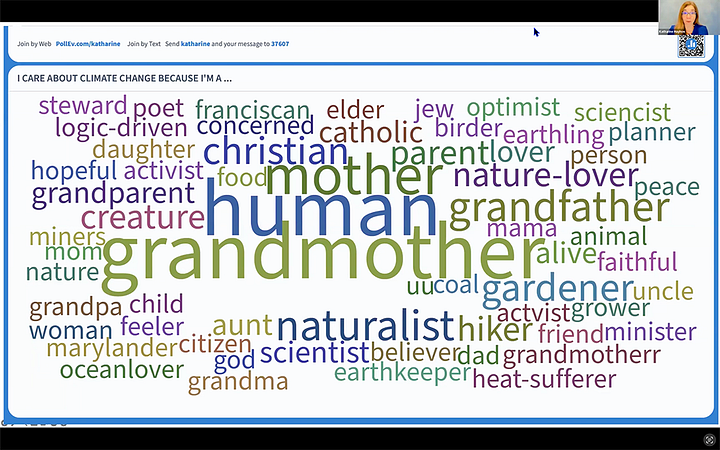 Two photos of the interactive poll used by Dr. Hayhoe during the meeting. One screenshot shows the viewers' one-word responses about themselves, and the other maps the viewers' locations in the U.S. and Puerto Rico.