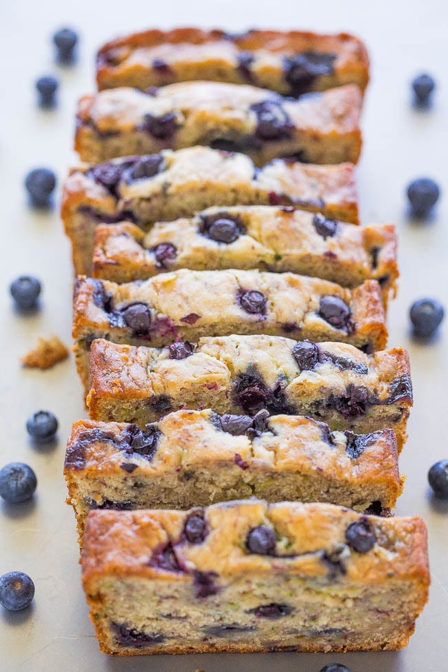 sliced loaf of Blueberry Banana Zucchini Bread on countertop sliced loaf of Blueberry Banana Zucchini Bread on countertop