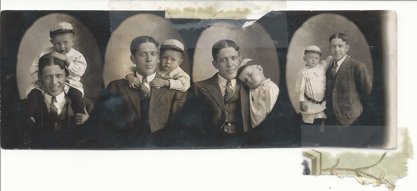 Series of four tiny photographs of a young man and his son, posing and smiling in playful poses.