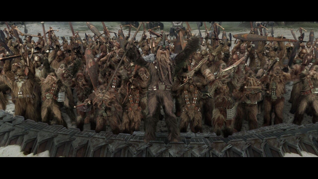 Meanwhile, the Clone Wars continue to rage across the galaxy. On Kashyyyk, Jedi Master Yoda helps lead battalions of clones and Wookiee warriors into combat against battle droid invaders.