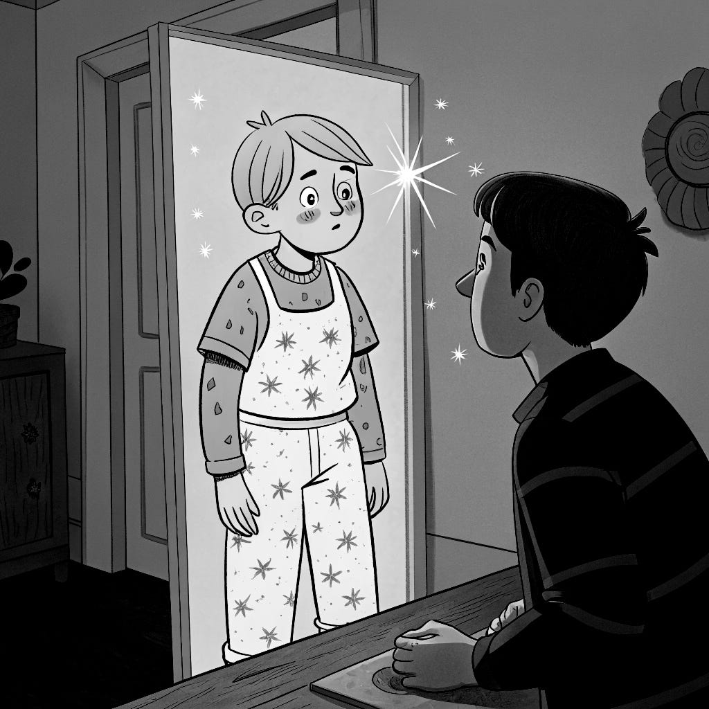 Illustration of Tommy looking at himself in the mirror