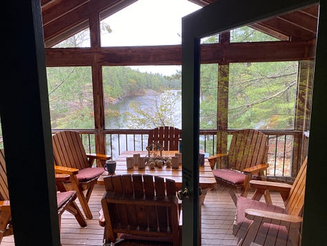 Wherever we were at the Lodge at Pine Cove, we were welcomed by nature. Pictured here: The screened-in porch where we gathered with writers, the shoreline, with a rocky point covered in moss and pines, and a leaf-lined path through the woods to a rustic cabin. It was a beautiful place for the Rekindle Creativity Women's Writing Retreat.
