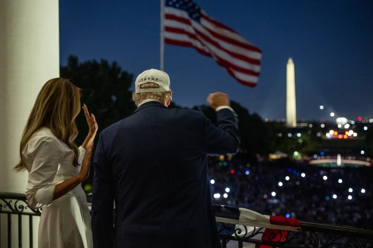 Official White House photo of President Donald J. Trump and FLOTUS waving to the crowd, July 4, 2025 (whitehouse.gov). Official White House photo of President Donald J. Trump and FLOTUS waving to the crowd, July 4, 2025 (whitehouse.gov).