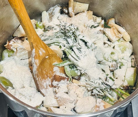 Mushrooms on a cutting board: king oyster, brown beech, and shiitake. A bouquet garni of thyme, dill, sage, and parsley tied together with kitchen twine. Flour being added to softened mushrooms, leeks, and celery in a stock pot for Irish wild mushroom soup.
