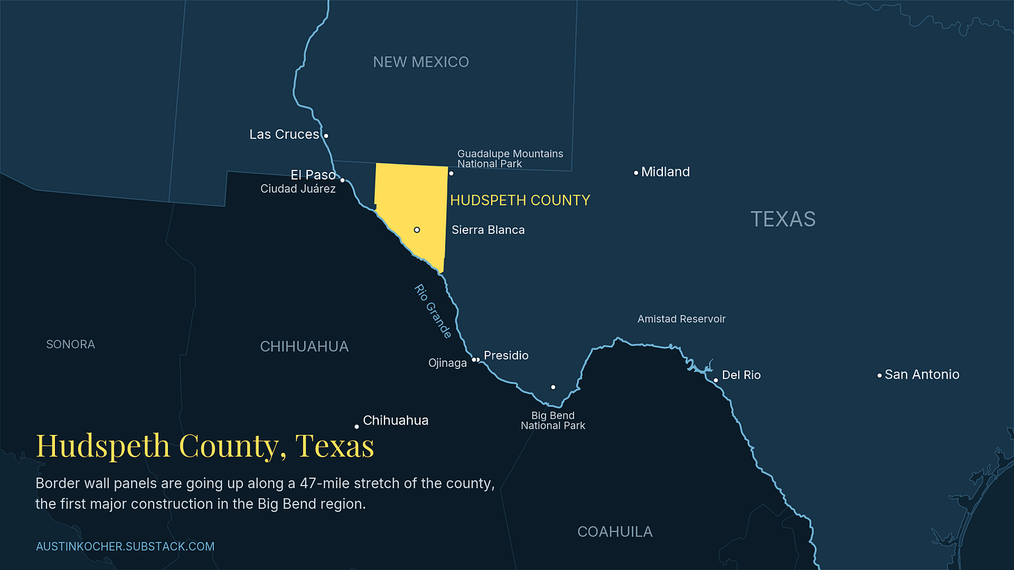 Map of far West Texas and northern Mexico with Hudspeth County highlighted along the Rio Grande southeast of El Paso, showing Sierra Blanca, Big Bend National Park, Amistad Reservoir and nearby cities