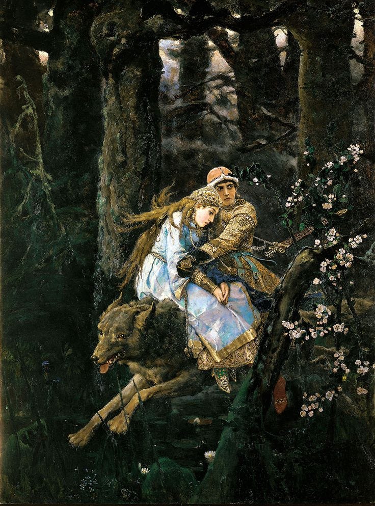 This may contain: a painting of a man and woman in the woods with an animal on their back