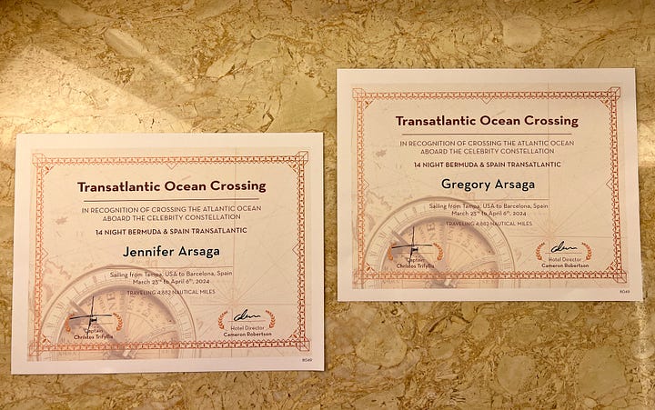 Saying goodbye to the Rock of Gibraltar, Certificates for our transatlantic ocean crossing (Note: We were way more excited about these than we probably should have been)