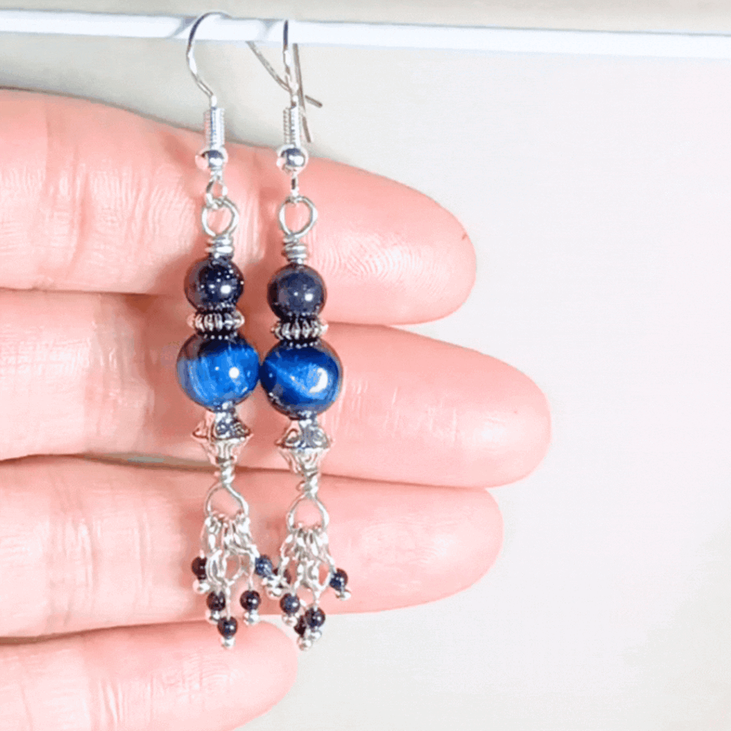 Midnight Blue Tiger Eye & Sparkly Blue Goldstone Handcrafted Silver-Toned Dangler Earrings, GIF Midnight Blue Tiger Eye & Sparkly Blue Goldstone Handcrafted Silver-Toned Dangler Earrings, GIF