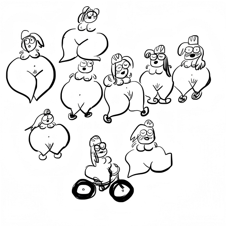 Four pages of black-and-white concept art by George Mager show early character designs for World Naked Bike Tour, including nude cyclists of varied body types, helmeted riders, expressive poses, and the film's angry protester.
