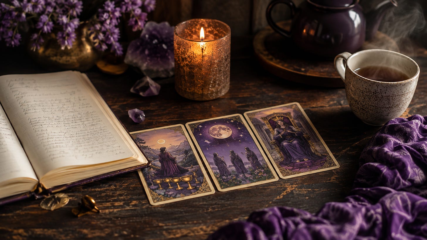 Three tarot cards laid in a row beside an open book and a mug of tea, in warm candlelight.