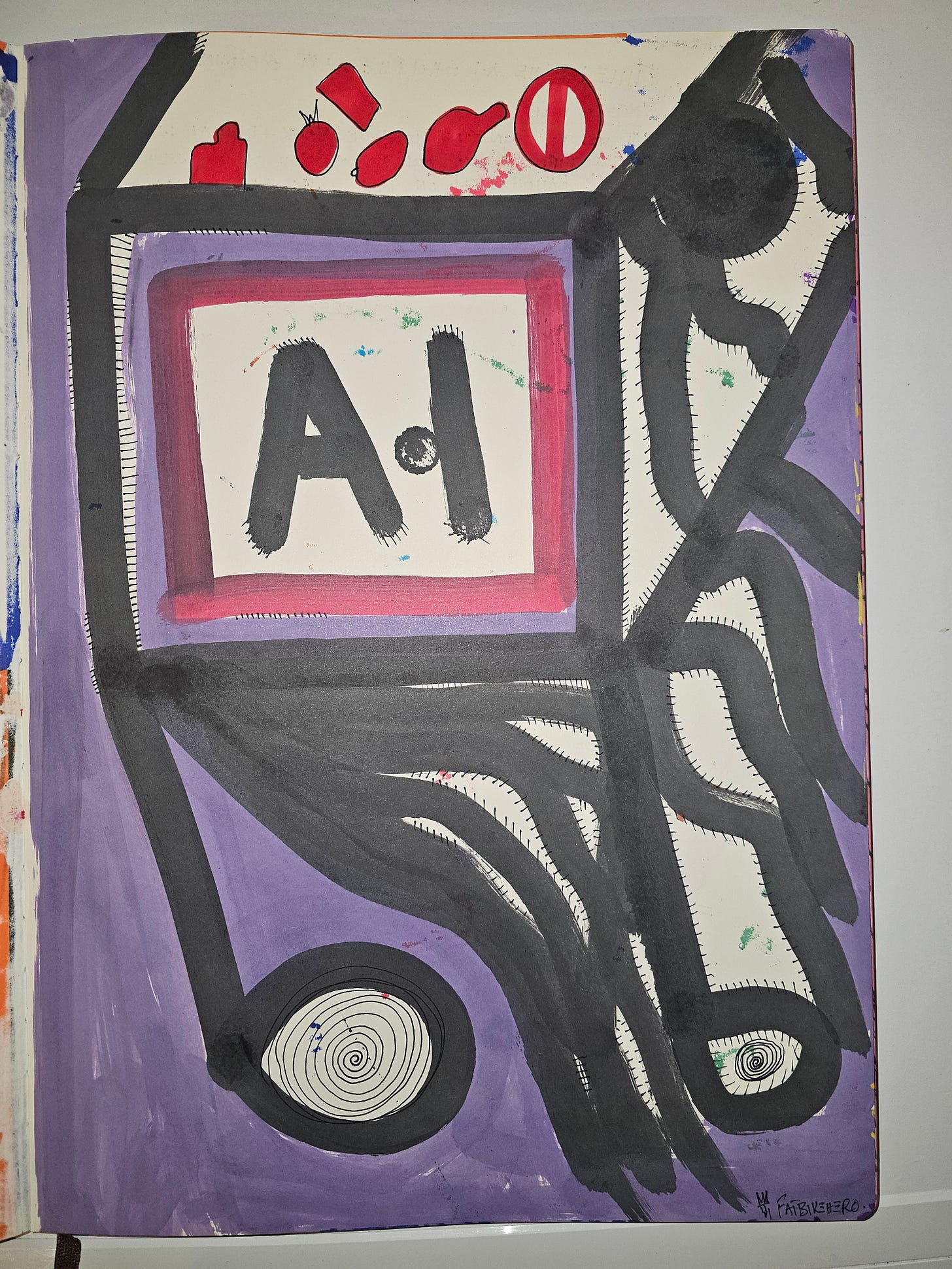 Alt Text: A neo-expressionist painting by FatbikeHero titled 'The A.I. Shopping Cart Is Coming.' The image features a black outlined shopping cart with spiral wheels on a purple background, containing a screen that reads 'A.I.' and red abstract shapes representing rationed food.