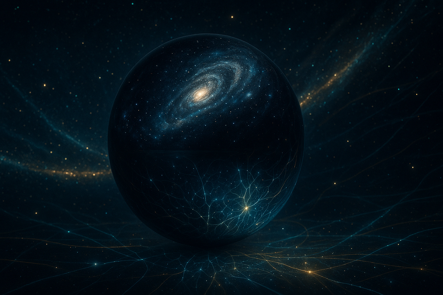 A reflective black sphere floats in deep space, its surface mirroring a spiral galaxy above and a glowing neural network below, symbolising the recursion between cosmos and consciousness.