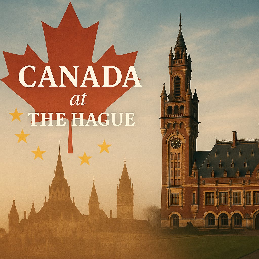 A digitally composed image showing the Peace Palace in The Hague at sunset on the right, blended with a semi-transparent silhouette of Canada's Parliament buildings on the left. A bold red maple leaf overlays the sky with the text “Canada at The Hague,” surrounded by golden EU stars.