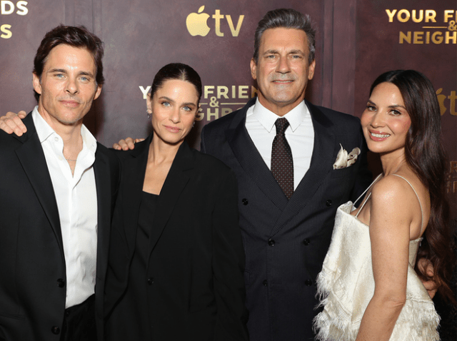 James Marsden, Amanda Peet, Jon Hamm and Olivia Munn attend the season two premiere of “Your Friends & Neighbors” in New York. The sophomore season of the drama series premieres globally on Friday, April 3, 2026 on Apple TV.