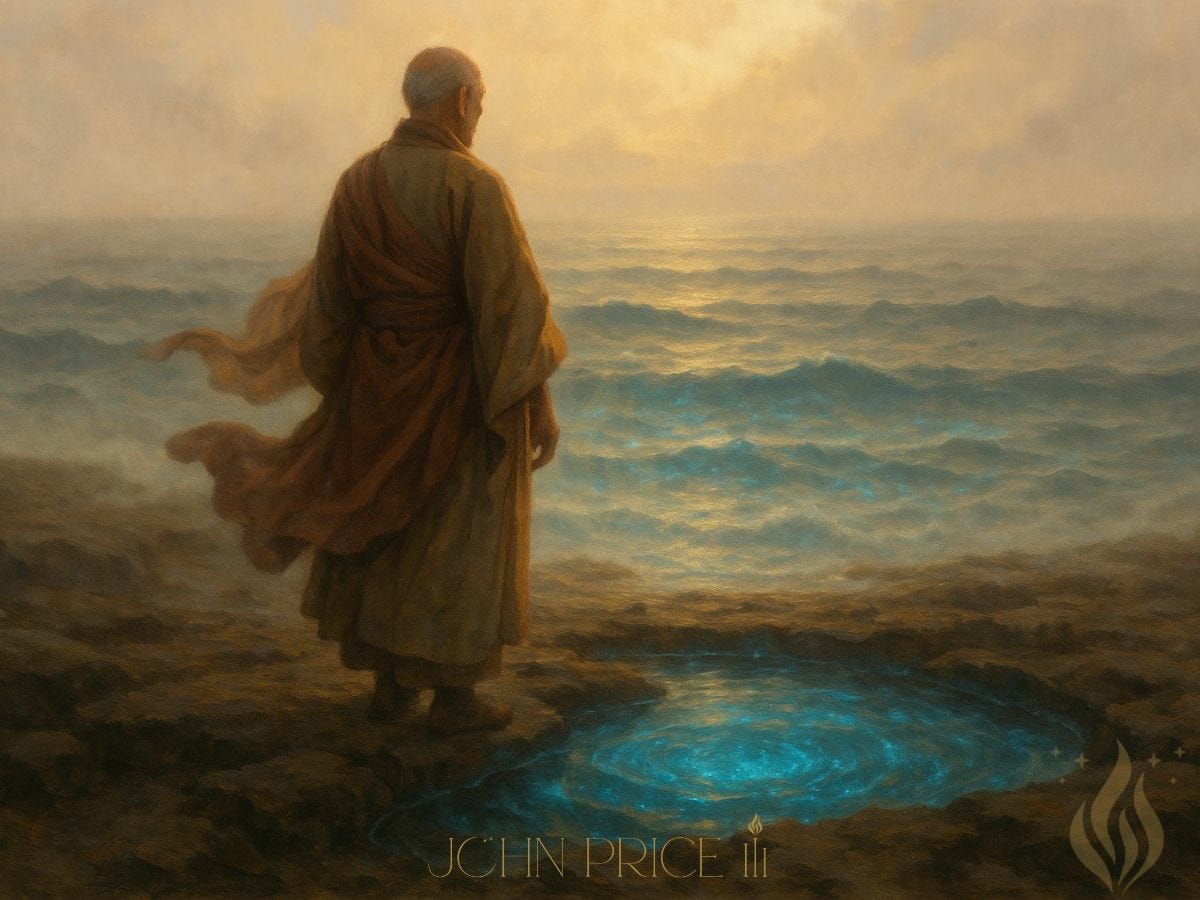 A robed elder stands at the rocky shoreline at dawn, overlooking a vast, shimmering ocean. A glowing bioluminescent tidepool swirls at their feet, illuminating the scene with soft blue light. Golden sunlight breaks through the mist above the water, symbolizing wisdom, depth, and the fierce vitality that grows with age.