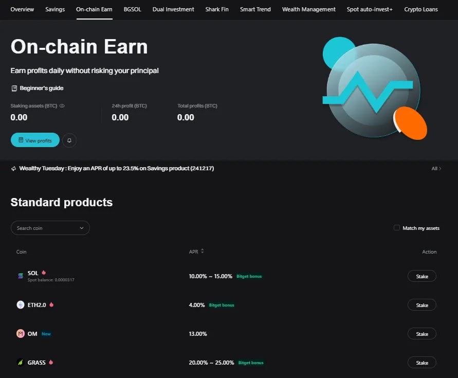 Bitget On-Chain Earn webpage for staking rewards