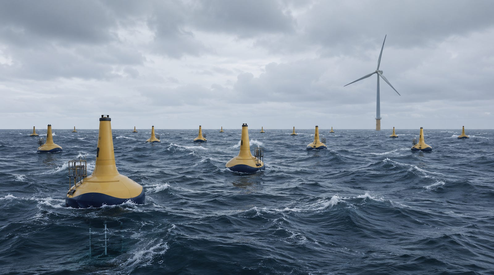 Illustration comparing a CorPower wave-energy array with an offshore wind turbine, showing the maintenance and bankability challenge for small moving machines at sea.