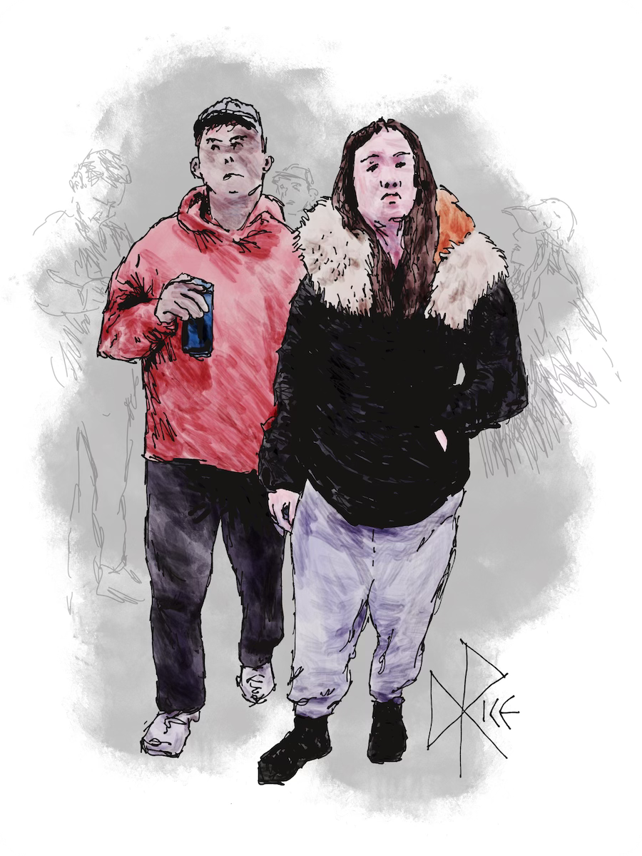 A young couple at a party, seemingly skeptical that a good time might be at hand. The man holds a beer can and looks sidelong into the distance while the woman is, so far, unwilling to remove her outdoor winter coat. Sketch art by Don Rice.