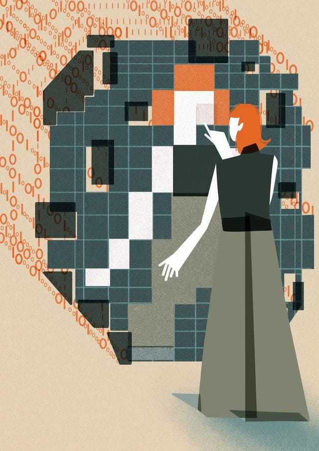 This image shows an individual with orange hair interacting with a large, abstract digital mirrored structure. The structure is composed of squares in varying shades of green, orange, white, and black which are pieced together to reflect the individual’s figure. The figure's hand is extended as if pointing to or interacting with the mirrored structure. Behind the structure are streams of binary code (0s and 1s) in orange, flowing towards the digital grid. This image shows an individual with orange hair interacting with a large, abstract digital mirrored structure. The structure is composed of squares in varying shades of green, orange, white, and black which are pieced together to reflect the individual’s figure. The figure's hand is extended as if pointing to or interacting with the mirrored structure. Behind the structure are streams of binary code (0s and 1s) in orange, flowing towards the digital grid.