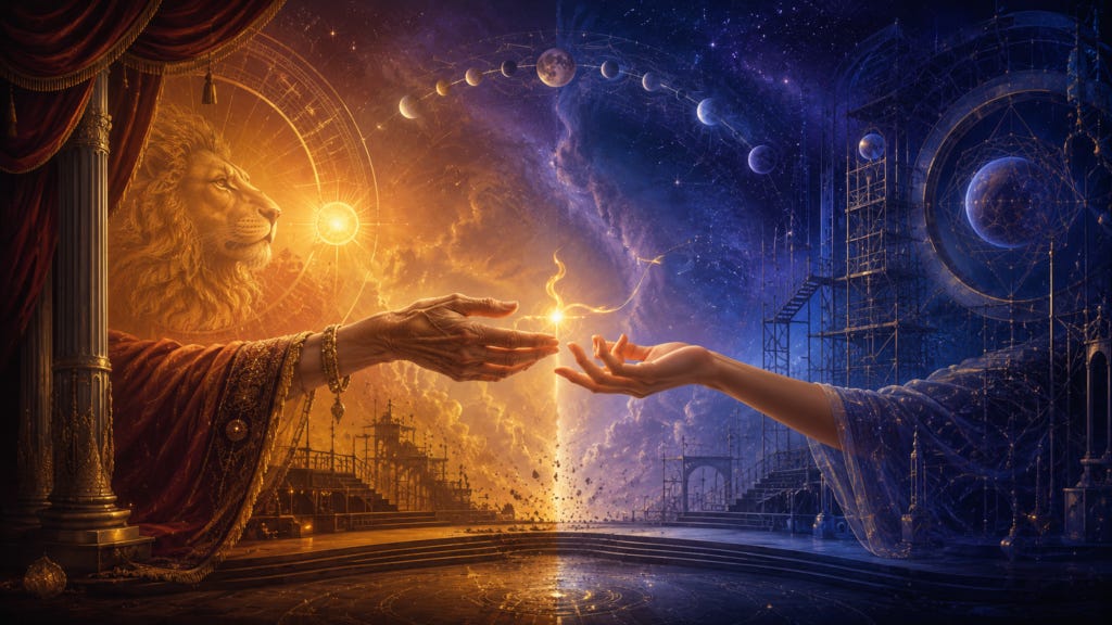 A cosmic theater split between golden Leo light and cool Aquarian blue, as an elderly hand passes a glowing flame to a younger hand beneath stars and planets, symbolizing spiritual inheritance, transformation, and the astrology forecast for July 20–26, 2026.