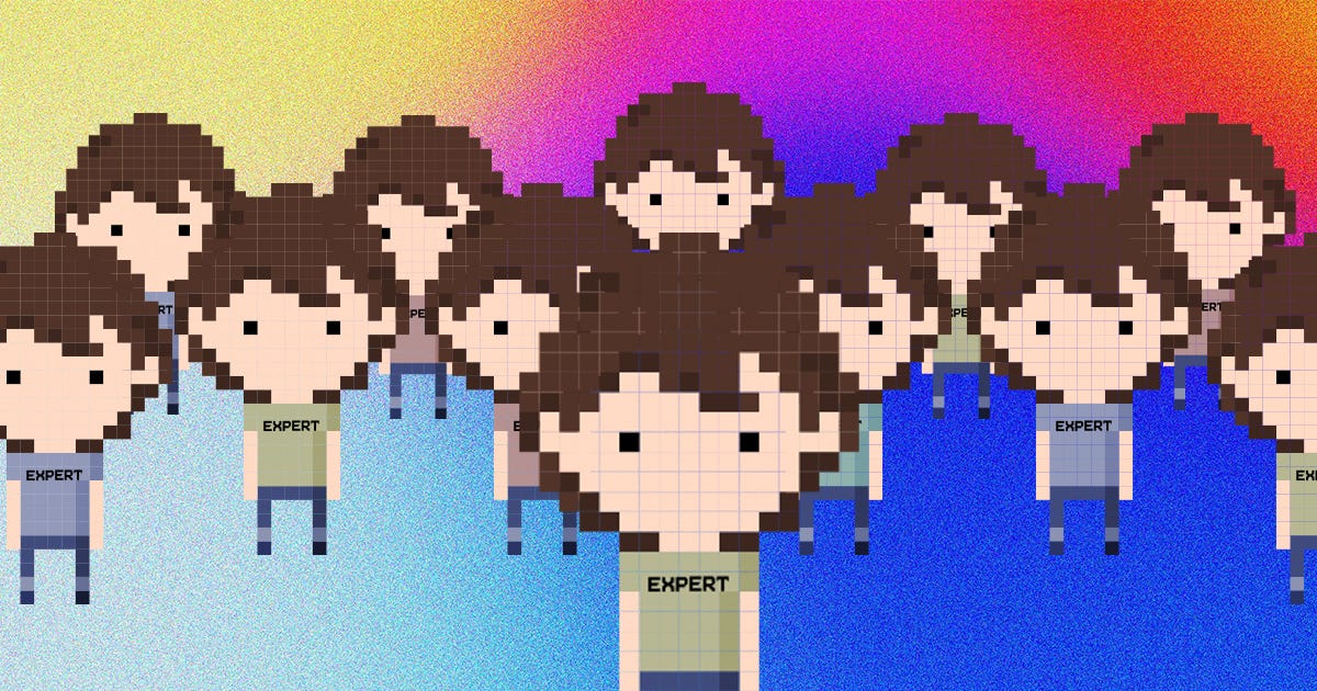 A digital image of identical digital influencers on a colour background
