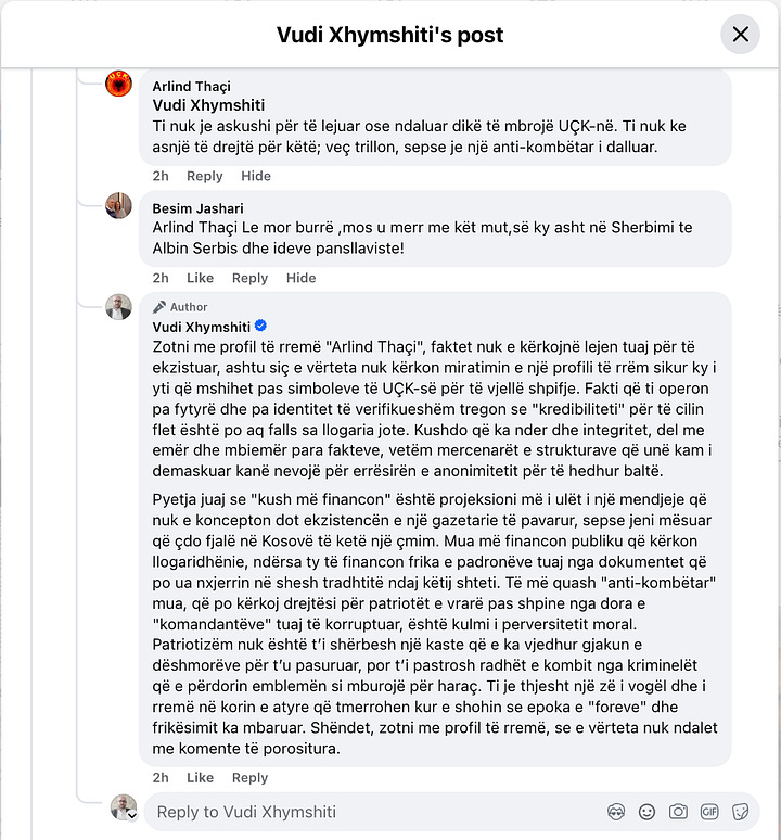 Pamjet dokumentuese të komenteve të shkëmbyera me profilin "Arlind Thaçi".