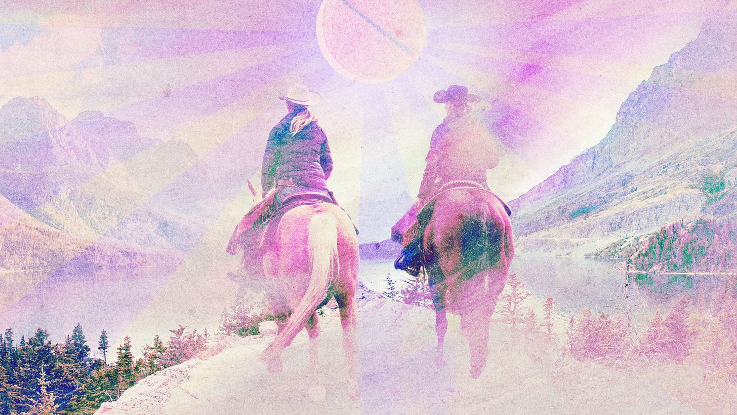 two people on horseback ride toward a Montana skyline with a giant glowing tablet in the place of the sun