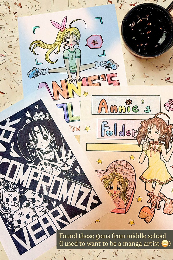 Collection of old journals, art, high school flyer, and work style assessment report from middle school