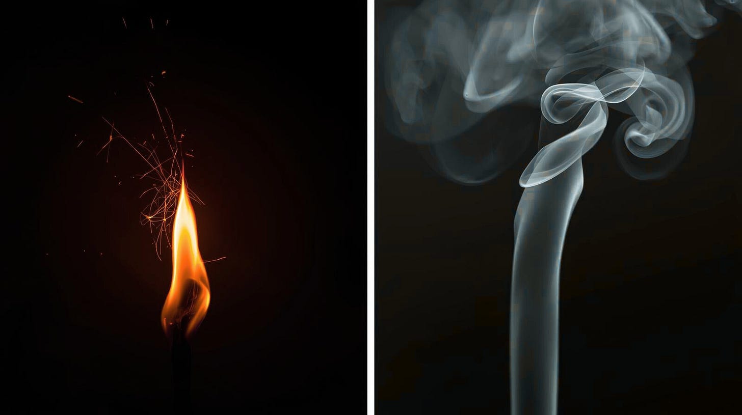 Spark with fire on the left (demonstrating upstream root causes of health issues) and smoke on the right (demonstrating downstream symptoms)