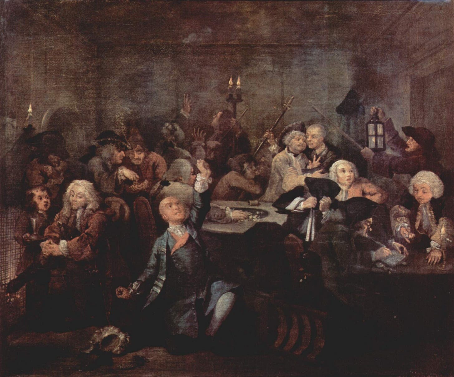 A crowded gaming room lit by candles, where a ruined young man kneels by an overturned chair while smoke rises from the ceiling A crowded gaming room lit by candles, where a ruined young man kneels by an overturned chair while smoke rises from the ceiling