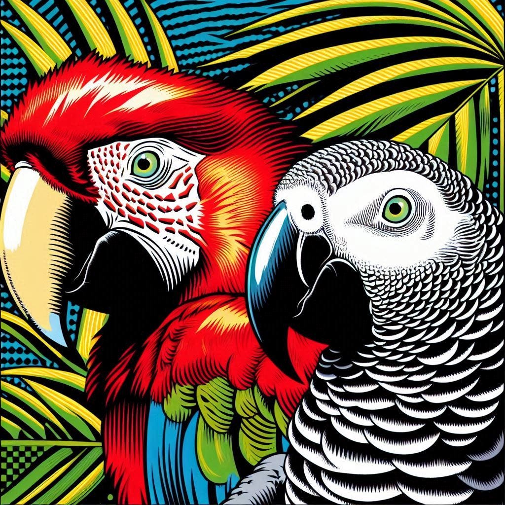 a scarlet macaw and an african grey parrot in the style of roy lichtenstein