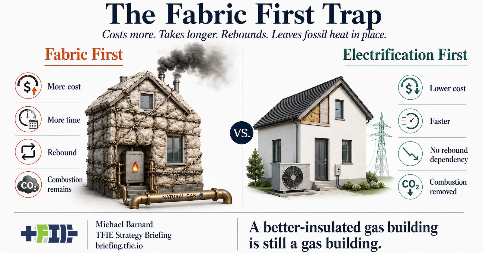 Comparison graphic titled “The Fabric First Trap” showing a heavily insulated house still connected to natural gas, with icons for higher cost, more time, rebound, and combustion remaining, contrasted with an electrification-first house using a heat pump and clean electricity with lower cost, faster deployment, no rebound dependency, and combustion removed.