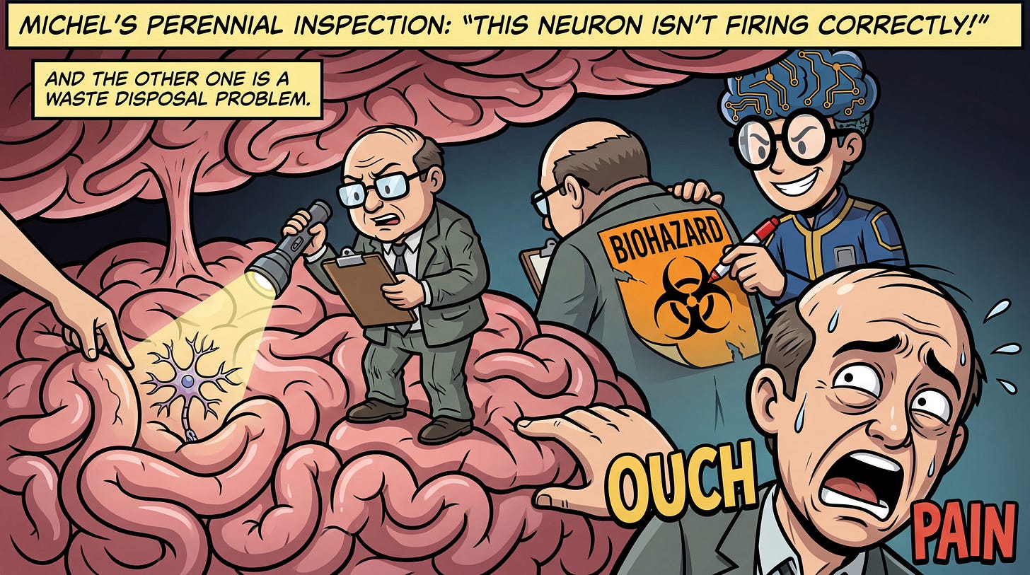 BD satirique montrant Michel le manager s'insérant physiquement dans les neurones de son collaborateur.