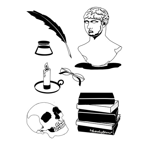 A digital drawing of Jane Austen; a digital painting of a raven that has dropped a mask while flying through the night sky; a digital collage of several objects: Ink, a feather quill, a bust, a candle, a pair of glasses, a skull and a stack of books.
