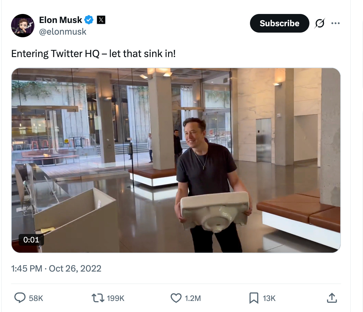 Musk tweet: "Entering Twitter HQ -- let that sink in!"