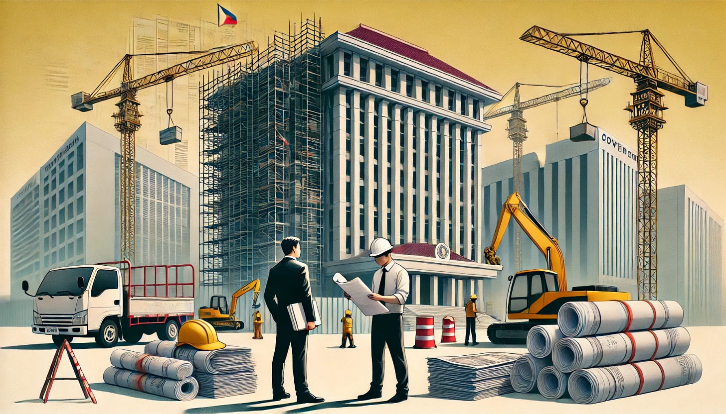 A modern high-rise building under construction in the Philippines, surrounded by scaffolding and cranes. Two figures, a developer in a business suit holding blueprints and an architect with a hard hat and a tablet, are arguing in the foreground. A background of government offices with stacks of paperwork symbolizes bureaucratic red tape. The scene has a slightly tense atmosphere, highlighting the challenges between developers and architects.