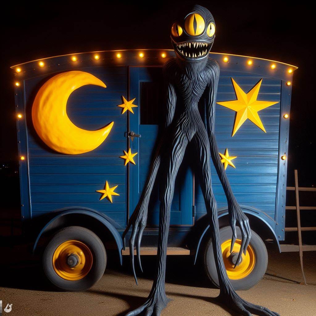 tall, black, slender, monster with three eyes; long, sharp teeth; arms dangling almost to the ground, in front of a old-fashioned blue enclosed wagon with yellow starbursts, at night tall, black, slender, monster with three eyes; long, sharp teeth; arms dangling almost to the ground, in front of a old-fashioned blue enclosed wagon with yellow starbursts, at night