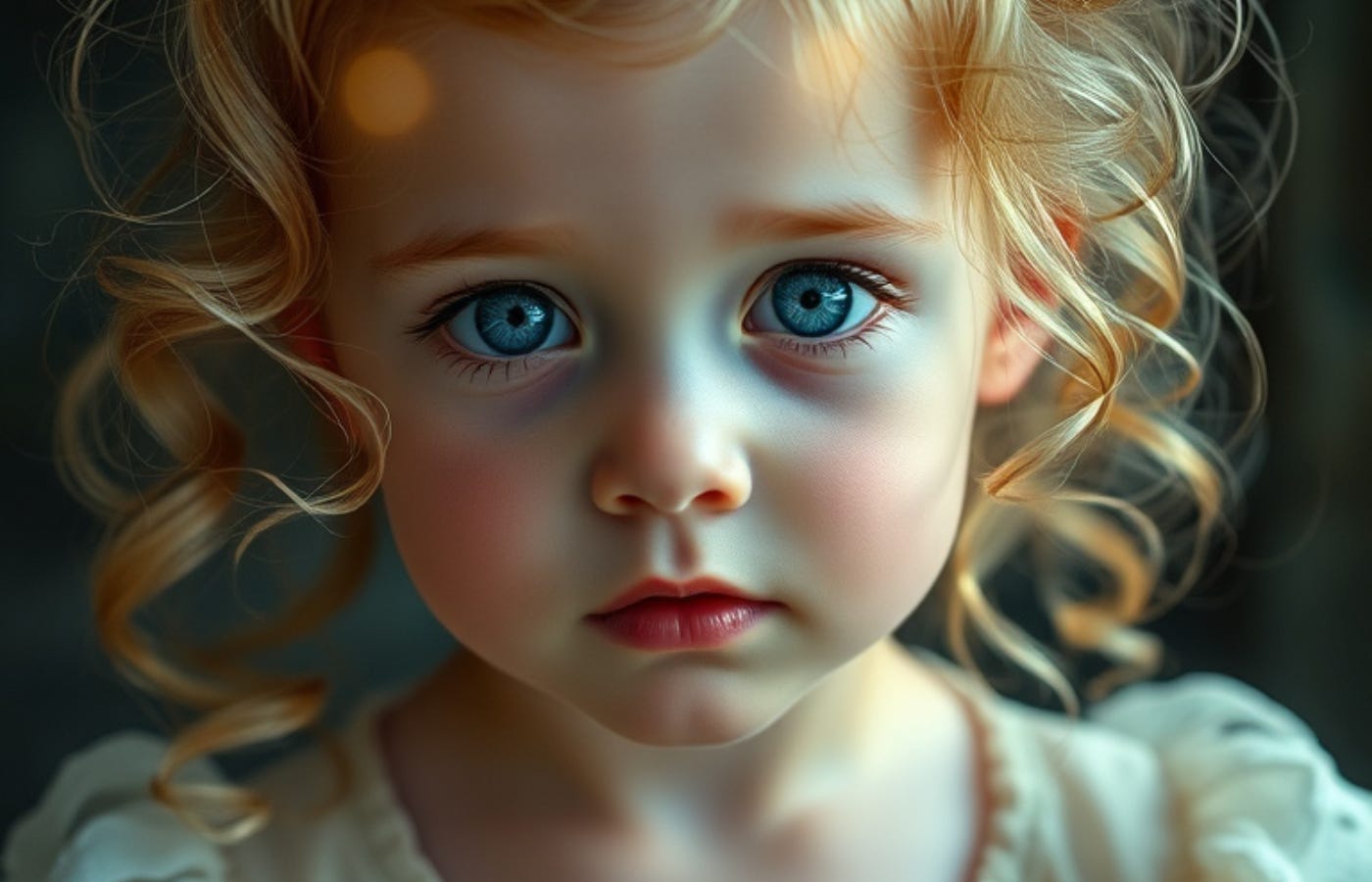 Two year old girl blue eyes golden curls.
