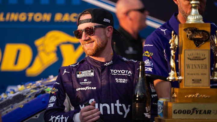 Mar 22, 2026; Darlington, South Carolina, USA; 23XI Racing Tyler Reddick (45) celebrates in Victory Lane after winning at Darlington Raceway. Mar 22, 2026; Darlington, South Carolina, USA; 23XI Racing Tyler Reddick (45) celebrates in Victory Lane after winning at Darlington Raceway.
