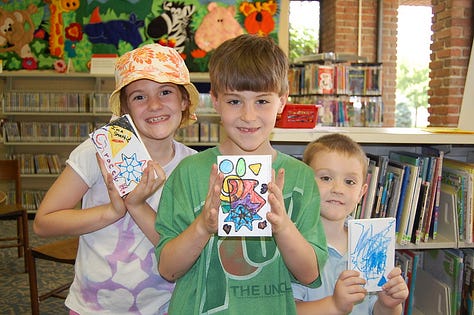 children holding books, reading books, and attending a presentation during a variety of public summer reading programs