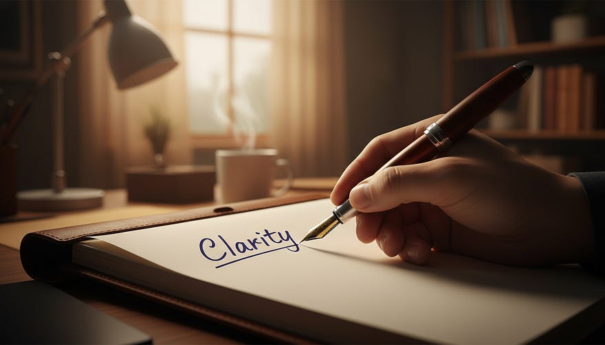 A close-up, photorealistic shot of a hand holding a fountain pen. It hovers over a notebook with the handwritten word ‘Clarity’ sharply in focus. The background is a soft, blurred office setting with warm, amber lighting, creating a moody and reflective atmosphere. Cinematic depth of field.