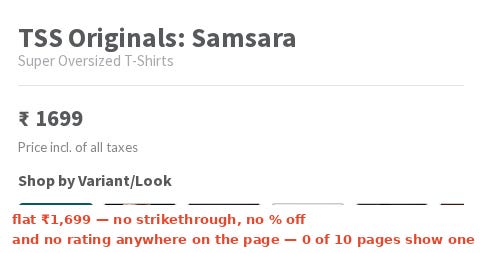 The Souled Store's ₹1,699 TSS Originals page — no rating anywhere The Souled Store's ₹1,699 TSS Originals page — no rating anywhere