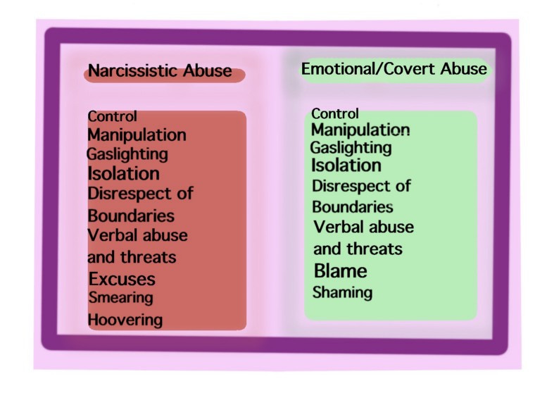 A side-by-side comparison of the signs of Narcissistic Abuse and Emotional/Covert Abuse. The Narcissistic Abuse column is muted red and reads: Control, Manipulation, Gaslighting, Isolation, Disrespect of Boundaries, Verbal abuse and threats, Excuses, Smearing, Hoovering. The Emotional/Covert Abuse column is light green and reads: Control, Manipulation, Gaslighting, Isolation, Disrespect of Boundaries, Verbal abuse and threats, Blame, Shaming. The table is has a purple border and background.