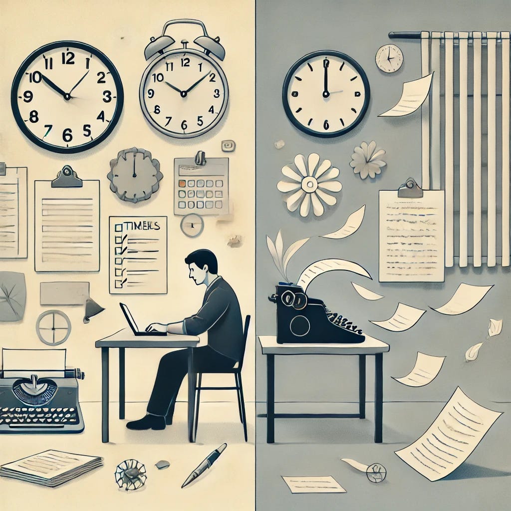 Split image. Left: a person writing amid clocks, timers, checklists, and sticky notes. Right: a calm desk with floating pages and a glowing notebook, no person, no tools—just the writing.