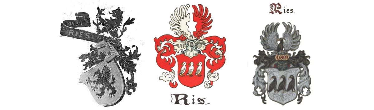 Three family crests associated with the name.
