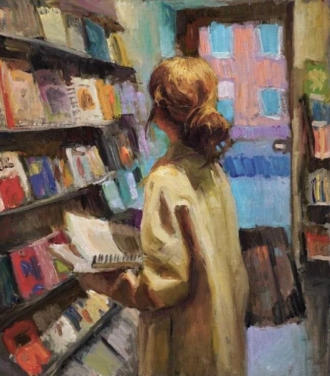 This may contain: a painting of a woman in a library reading a book and looking at the bookshelves