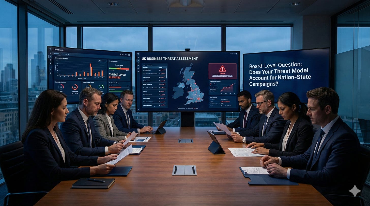 Board executives reviewing cybersecurity threat assessment in professional meeting room