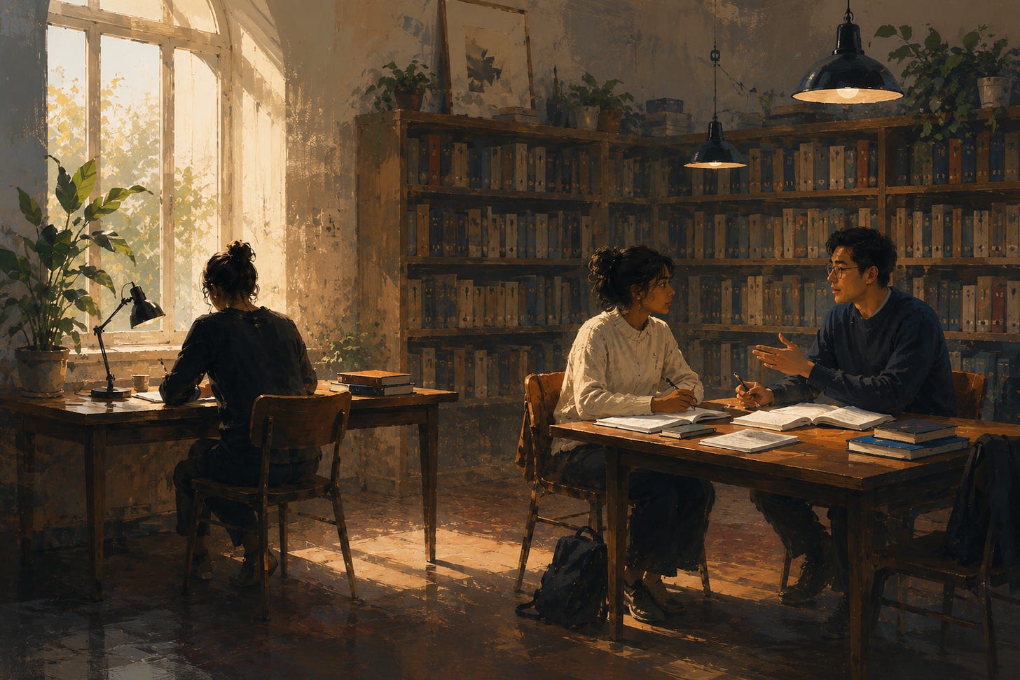 Painterly illustration of a university library: one student writes alone at a desk by a sunlit window, while two students sit nearby in conversation over books and notes, contrasting solitary written work with interactive learning.