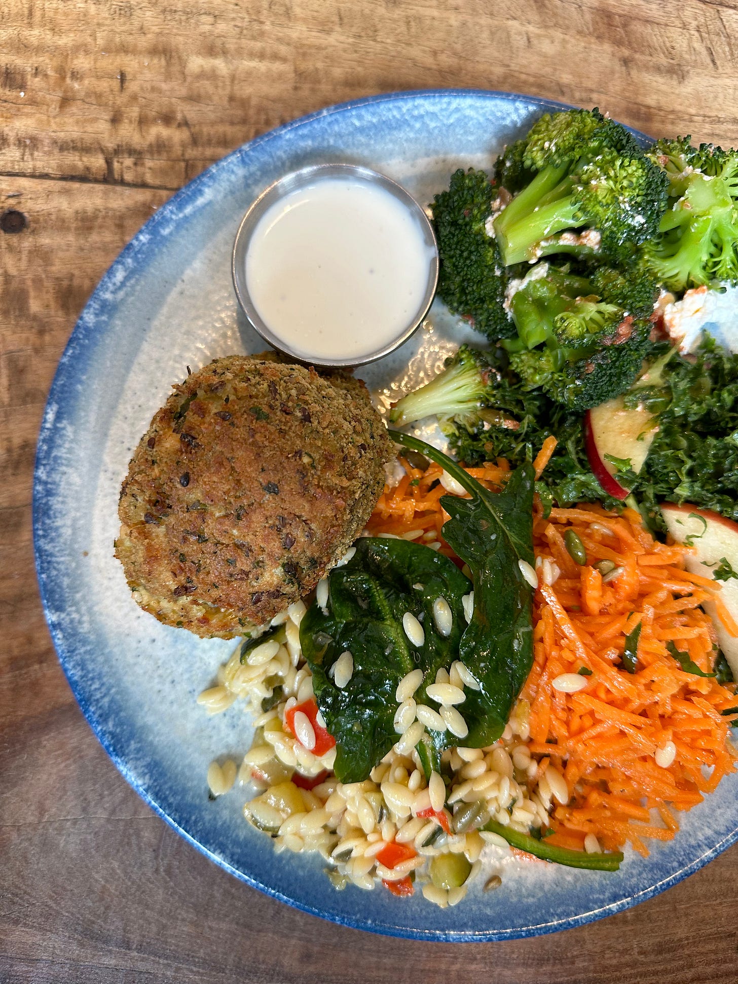 Fish cakes with buttermilk dressing and salads at Foxford